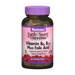 Витамин В6, B12 + Фолиевая кислота, Вкус Малины, Earth Sweet Chewables, Bluebonnet Nutrition, 60 жевательных таблеток