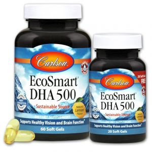 DHA (докозагексаєнова кислота), Смак Лимону, EcoSmart, Carlson, 60+20 желатинових капсул DHA (докозагексаєнова кислота), Смак Лимону, EcoSmart, Carlson, 60+20 желатинових капсул