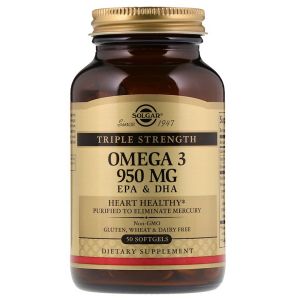 Омега-3, ЕПК і ДГК, Triple Strength, 950 мг, Solgar, 50 желатинових капсул 