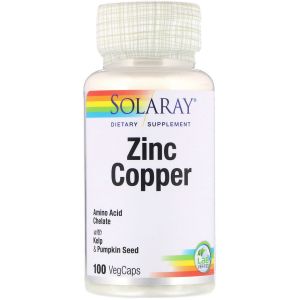 Цинк и Медь с водорослями и тыквенными семечками, Zinc Copper, Solaray, 100 вегетарианских капсул