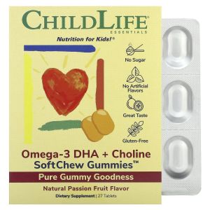 Омега-3 ДГК та холін для дітей, смак маракуї, Essentials, Omega-3 DHA + Choline, ChildLife, 27 жувальних таблеток