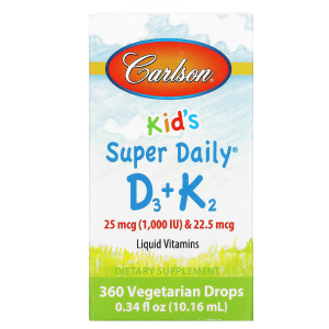 Вітамін D3+K2 для дітей у краплях, 1000 МО та 22,5 мкг, Kid's Super Daily D3+K2, Carlson, 10.16 мл