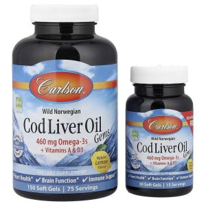 Жир из Печени Трески, Вкус Лимона, Cod Liver Oil Lemon, Carlson, 150+30 желатиновых капсул