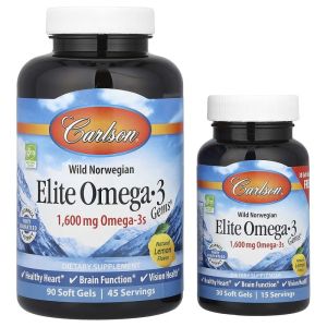 Омега-3, 1600 мг, Вкус Лимона, Elite Omega-3 Gems, Carlson, 90+30 желатиновых капсул Омега-3, 1600 мг, Вкус Лимона, Elite Omega-3 Gems, Carlson, 90+30 желатиновых капсул