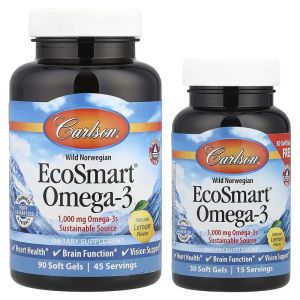 Омега-3, Вкус Лимона, EcoSmart Omega-3, Carlson, 90+30 желатиновых капсул Омега-3, Вкус Лимона, EcoSmart Omega-3, Carlson, 90+30 желатиновых капсул