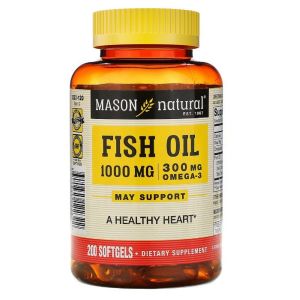Рыбий жир 1000 мг с Омега-3 300 мг, Omega-3 Fish Oil, Mason Natural, 200 гелевых капсул