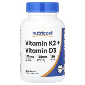 Вітамін K2 та вітамін D3, Vitamin K2 + Vitamin D3, Nutricost, 120 гелевих капсул Вітамін K2 та вітамін D3, Vitamin K2 + Vitamin D3, Nutricost, 120 гелевих капсул
