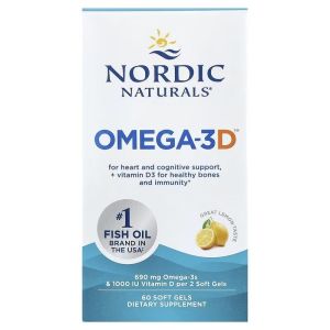 Омега-3 и витамин D3, 690 мг и 25 мкг (1000 МЕ), вкус лимона, Omega-3D, Nordic Naturals, 60 гелевых капсул Омега-3 и витамин D3, 690 мг и 25 мкг (1000 МЕ), вкус лимона, Omega-3D, Nordic Naturals, 60 гелевых капсул