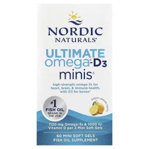 Омега-3 и витамин D3, 1120 мг и 25 мкг (1000 МЕ), вкус лимона, Ultimate Omega-D3 Minis, Nordic Naturals, 60 мини капсул Омега-3 и витамин D3, 1120 мг и 25 мкг (1000 МЕ), вкус лимона, Ultimate Omega-D3 Minis, Nordic Naturals, 60 мини капсул