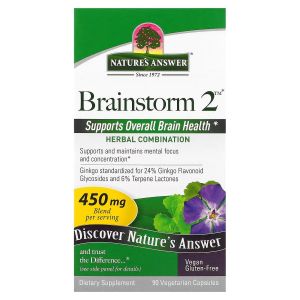 Травы для активности мозга, 450 мг, Brainstorm 2, Nature's Answer, 90 вегетарианских капсул