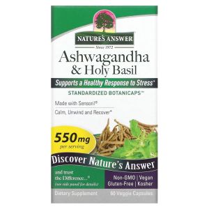 Ашваганда и базилик священный, 550 мг,  Ashwagandha & Holy Basil, Nature's Answer, 60 вегетарианских капсул