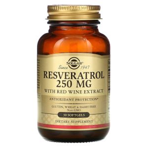 Ресвератрол с Экстрактом Красного Вина, 250 мг, Resveratrol with red Wine Extract, Solgar, 30 гелевых капсул