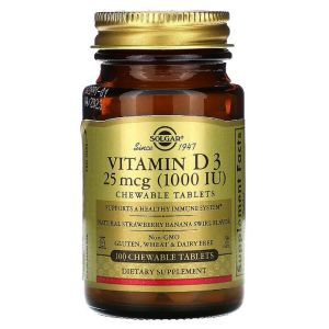 Вітамін D3,  Холекальциферол, Vitamin D3, Cholecalciferol, 25 мкг, 1000 МО, Solgar, 100 жувальних таблеток (полунично-банановий смак)
