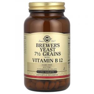 Пивні дріжджі з вітаміном B12, Brewer's Yeast, 7 1/2 Grains with Vitamin B12, Solgar, 250 таблеток