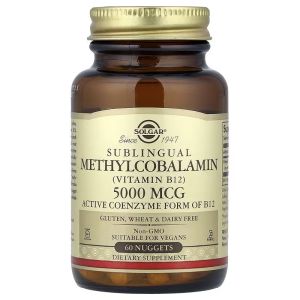 Вітамін B12, Метилкобаламін, 5000 мкг, смак вишні, Sublingual Methylcobalamin, Vitamin B12, Solgar, 60 нагетсів