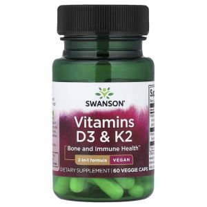 Вітаміни D3 та K2, Vitamins D3 & K2, Swanson, 60 веганських капсул Вітаміни D3 та K2, Vitamins D3 & K2, Swanson, 60 веганських капсул