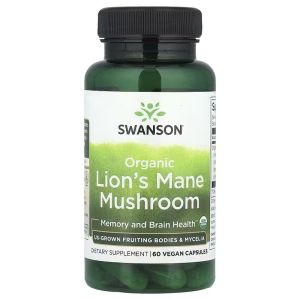Ежовик гребенчатый, Organic Lion's Mane Mushroom, Swanson, 60 веганских капсул Ежовик гребенчатый, Organic Lion's Mane Mushroom, Swanson, 60 веганских капсул