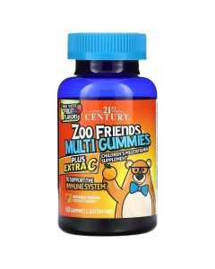 Мультивітаміни для дітей, посилений вітамін C, смак фруктів, Zoo Friends Multi, Plus Extra C, 21st Century, 60 жувальних цукерок