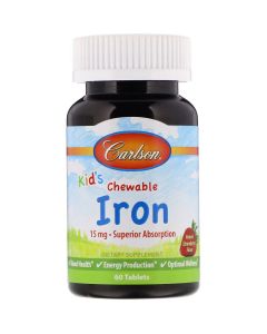 Железо Детское, 15 мг, вкус клубники, Kid's Chewable Iron, Carlson, 60 жевательных таблеток