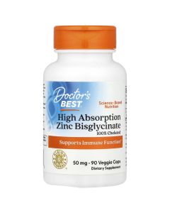 Цинк бисглицинат, 50 мг, Zinc Bisglycinate, Doctor's Best, 90 вегетарианских капсул