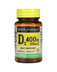 Вітамін D3, 10 мкг (400 МО), Vitamin D3, Mason Natural, 100 гелевих капсул