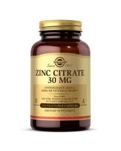 Цинк Цитрат, 30 мг, Zinc Citrate, Solgar, 100 вегетарианских капсул